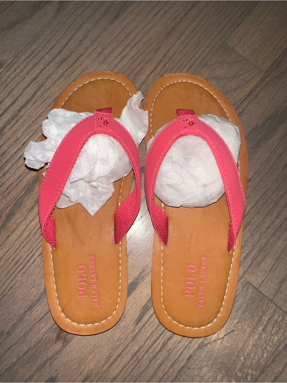 Ralph Lauren Pink Strap Tan-Trim Leather Footbed Sandals